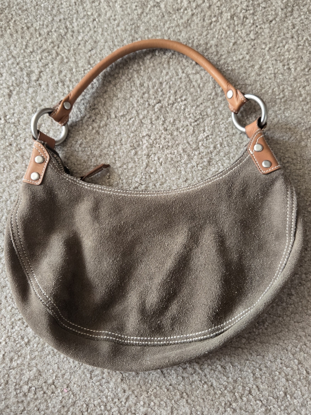Suede Hobo Shoulder Bag in Olive Green with Tan Handle